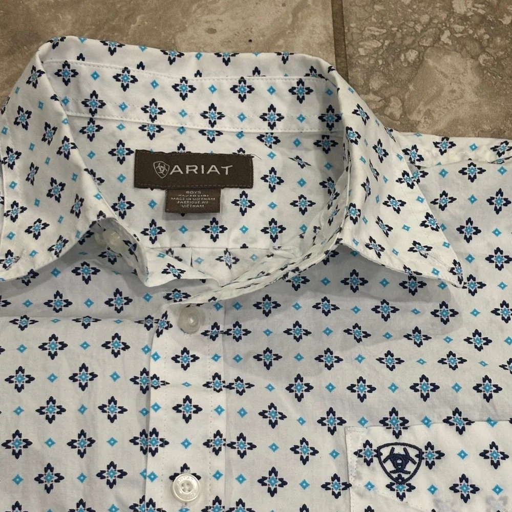 Ariat Boys Perseus CAV Short Sleeve Button Down Shirt Blue White XL 18 10042695